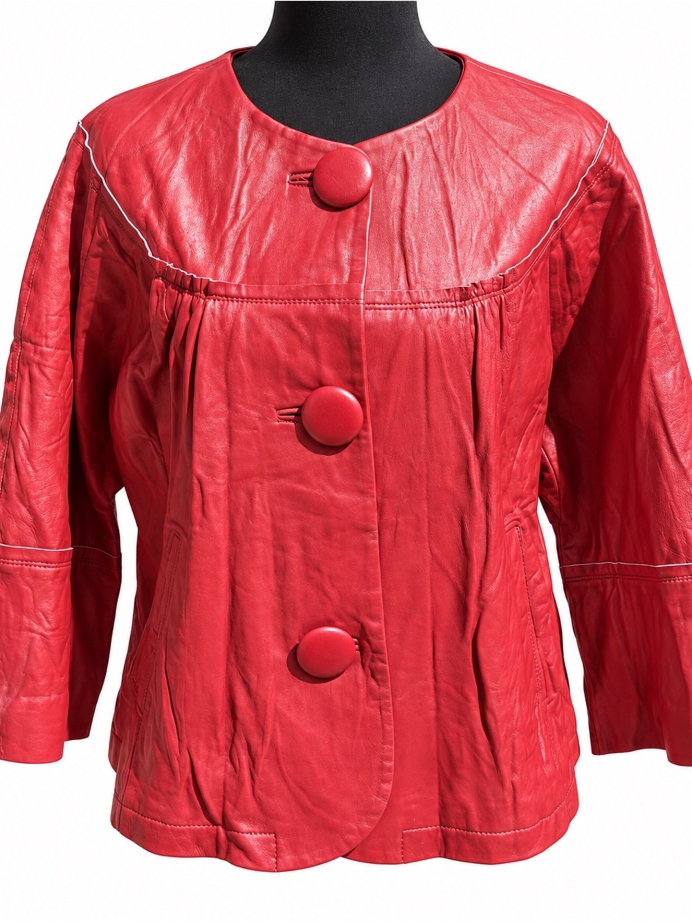 Red Leather Vintage Lamb Skin Leather Button-Front Jacket
